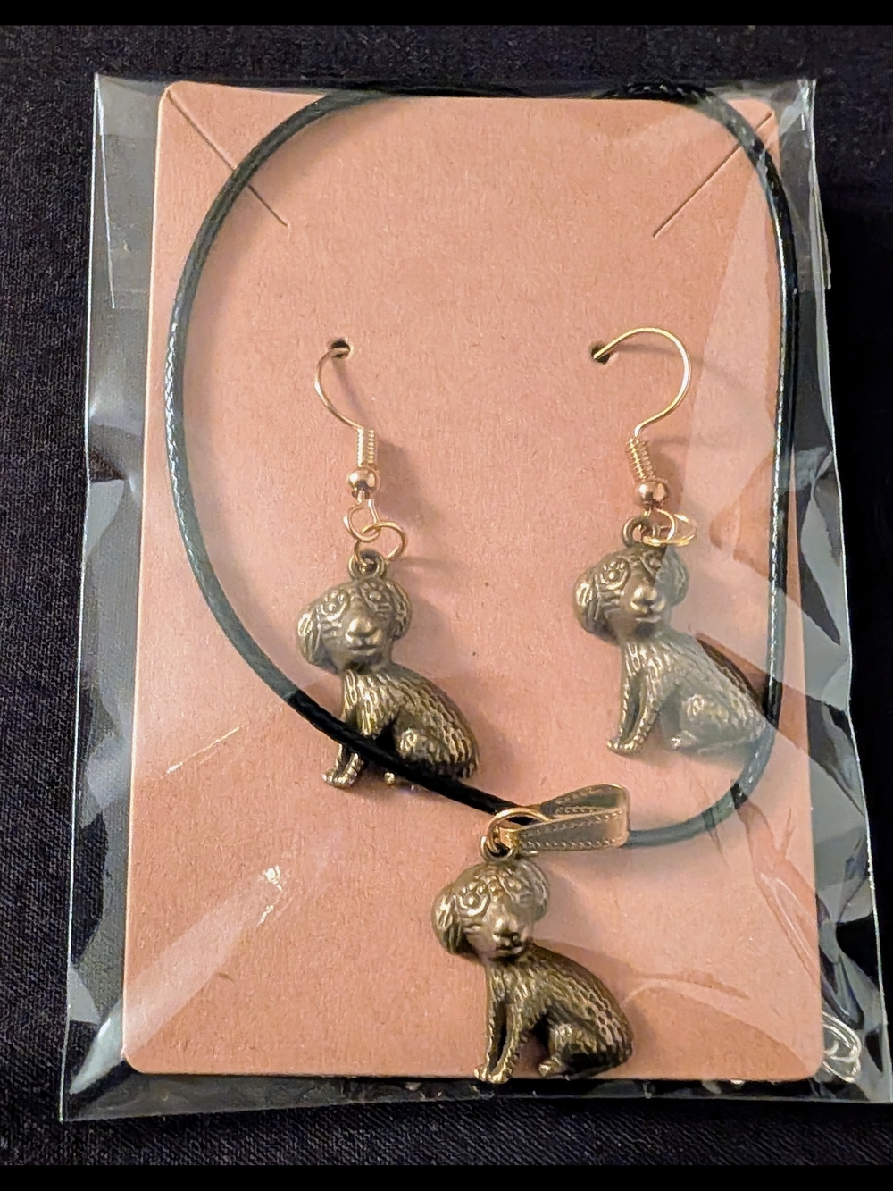 Hand Crafted Gold Puppy Pendant Necklace with Matching Earrings